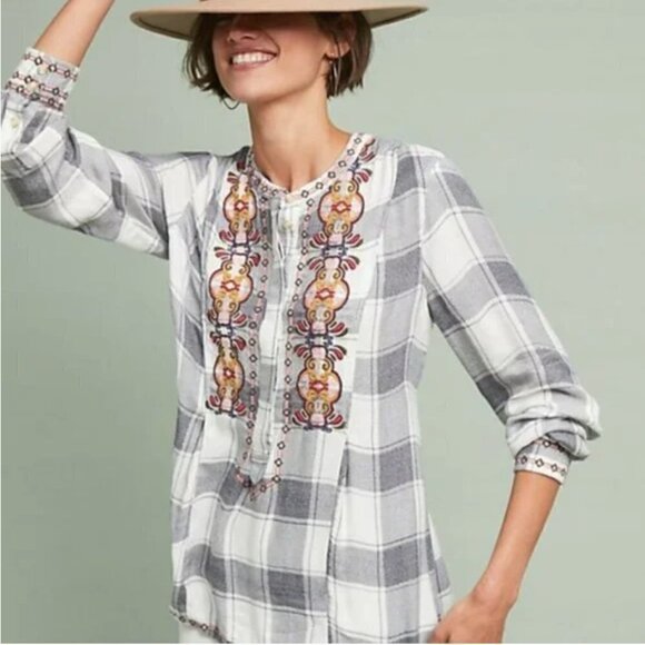 Anthropologie | Akemi & Kin Dalton Embroidered Plaid Flannel Popover Top Size S - Picture 2 of 14